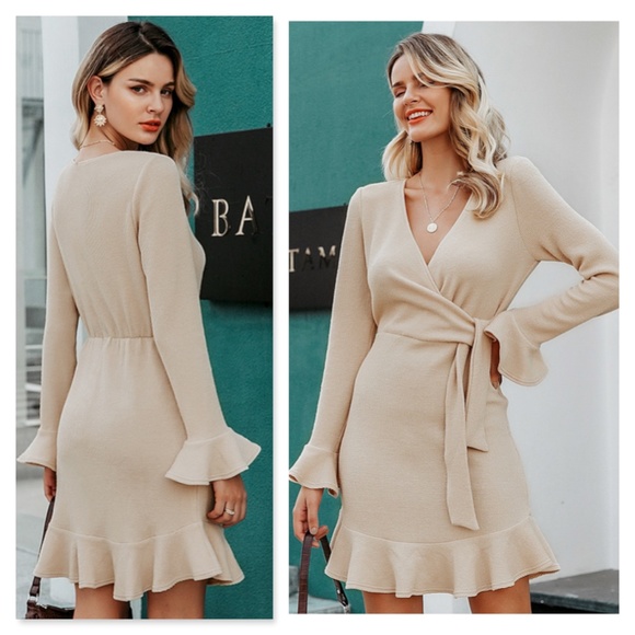 Rib-Knit Beige Ruffle Detail Waist Ties Mini Dress - Picture 2 of 8